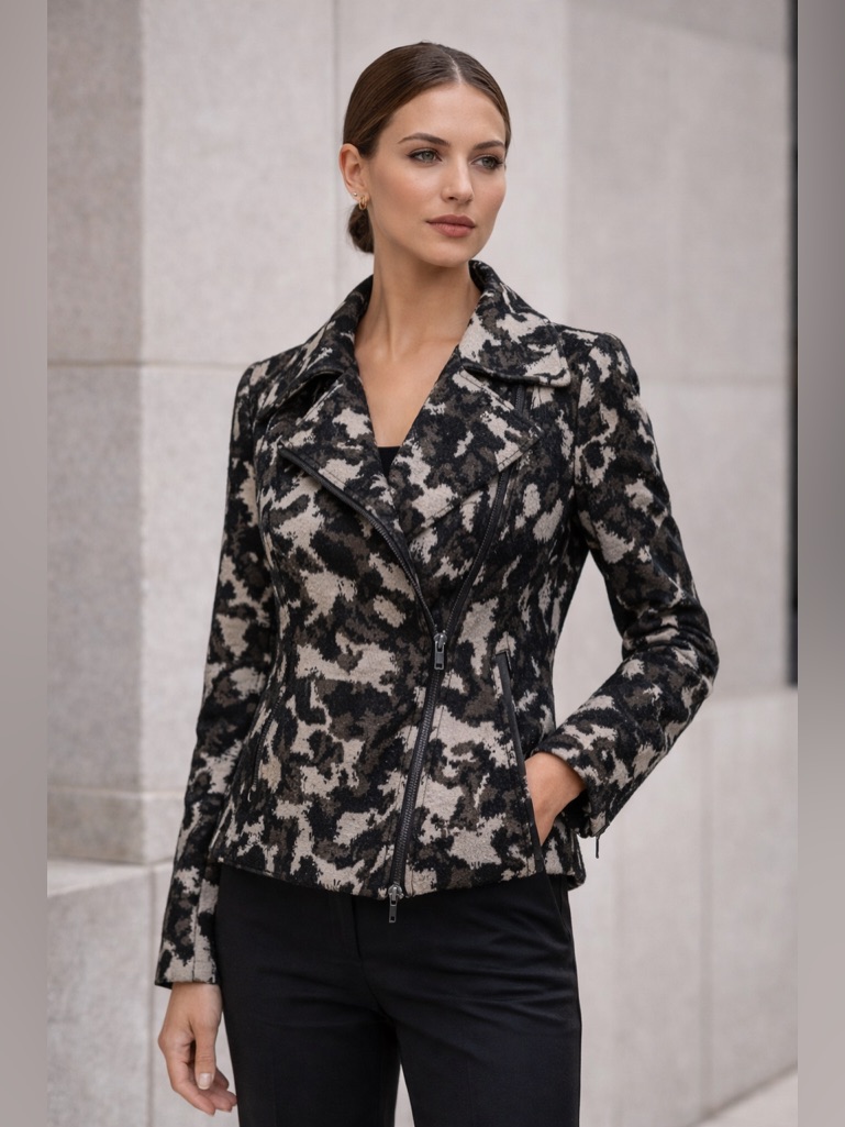 Lafayette 148 New York Moto Jacket Wool Blend Animal Print Asymmetrical Zip 0